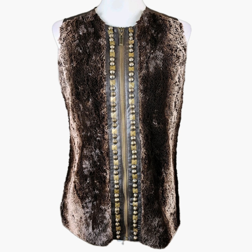 Reba Faux Fur & Leather Vest Womens Small Brown Studded Zip Front Western Rustic